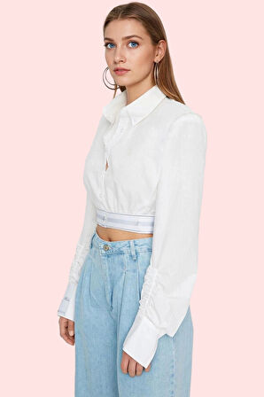 Kadın Crop Gömlek Basic Siluet Poplin Dokuma Düz Desenli Günlük Kullanım Dayanıklı Malzeme