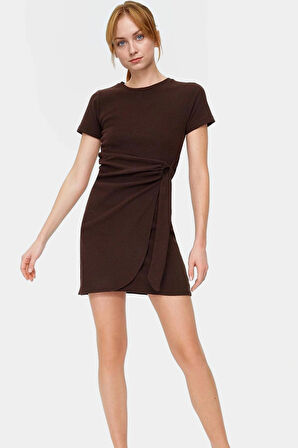 Kadın Mini Bağlama Detaylı Bisiklet Yaka Örme Elbise Profesyonel Görünüm Günlük Kullanım İçin