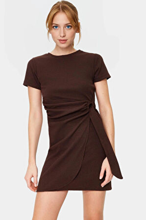 Kadın Mini Bağlama Detaylı Bisiklet Yaka Örme Elbise Profesyonel Görünüm Günlük Kullanım İçin