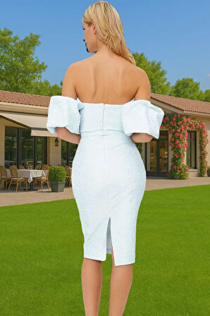 Şık Bodycon Midi Abiye Elbise Jakarlı Polyester Kumaştan Mezuniyet İçin Şık Görünüm Konforlu Kesim