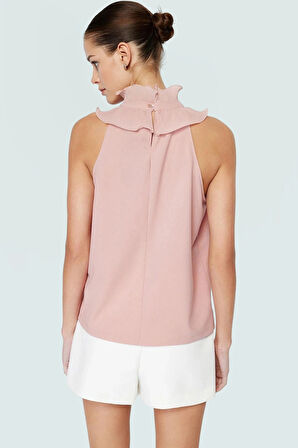 Halter Yaka Fırfırlı Bluz Örme Kumaştan Şık Modern Stil Premium Kalite Trend Tasarım