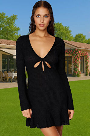 Kadın V Yaka Mini Örme Elbise İspanyol Kol Polyester Yazlık Plaj Özel Tasarım Günlük Kullanım İçin