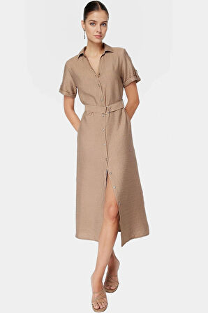 Şık Kemerli Midi Viskoz Elbise Yazlık Günlük Kombinler İçin Rahat Ve Zarifane Tasarım