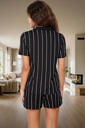 Kadın Çizgili Viskon Kısa Kollu Pijama Takımı Konforlu Kesim Özel Tasarım Rahat Kullanım