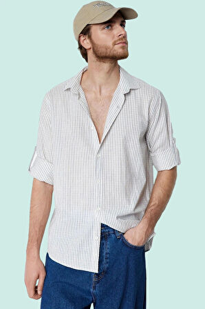 Erkek Keten Karışımlı Çizgili Gömlek Regular Fit Yaka Casual Günlük Yaz Aylarının Vazgeçilmezi