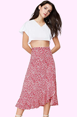 Kadın Çiçekli Desenli Midi Etek Yüksek Bel A line Yırtmaçlı Yazlık Yaz Aylarının Vazgeçilmezi