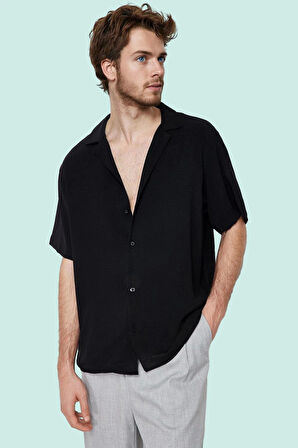 Erkek Oversize Keten Görünümlü Gömlek Kısa Kollu Apaş Yaka Günlük Yaz Aylarının Vazgeçilmezi