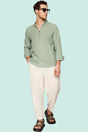 Erkek Slim Fit Hakim Yaka Pamuklu Keten Görünümlü Gömlek Günlük Kullanım Dayanıklı Malzeme