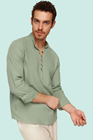 Erkek Slim Fit Hakim Yaka Pamuklu Keten Görünümlü Gömlek Günlük Kullanım Dayanıklı Malzeme