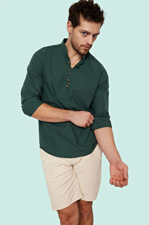 Erkek Slim Fit Hakim Yaka Pamuklu Keten Görünümlü Gömlek Günlük Kullanım Dayanıklı Malzeme
