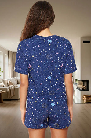 Kadın Yazlık Kısa Kollu Pamuklu Pijama Takımı Galaksi Desenli Rahat Uyku Konforlu Kesim