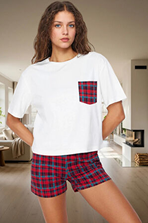 Kadın Kısa Kollu Pamuklu Ekose Pijama Takımı Rahat Ev Giyim Yazlık Kaliteli İşçilik Trend Tasarım