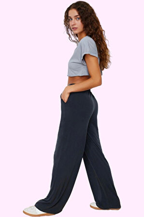 Kadın Geniş Paça Örme Pantolon Yüksek Bel Düz Desen Rahat Günlük Yaz Aylarının Vazgeçilmezi