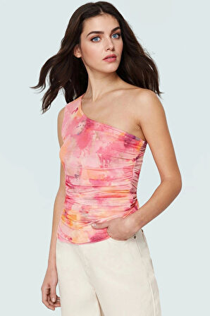 Çiçekli Tek Omuzlu Fitted Tül Bluz Esnek Örme Yazlık Günlük Uzun Ömürlü Yüksek Kalite