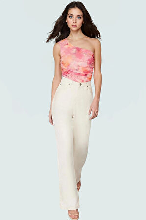 Çiçekli Tek Omuzlu Fitted Tül Bluz Esnek Örme Yazlık Günlük Uzun Ömürlü Yüksek Kalite