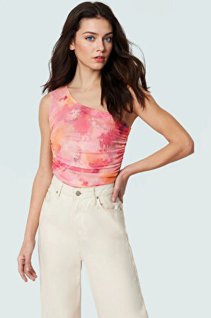 Çiçekli Tek Omuzlu Fitted Tül Bluz Esnek Örme Yazlık Günlük Uzun Ömürlü Yüksek Kalite