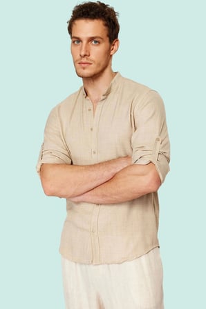 Erkek Slim Fit Hakim Yaka Keten Görünümlü Gömlek Basic Siluet Günlük Kullanım Modern Tasarım