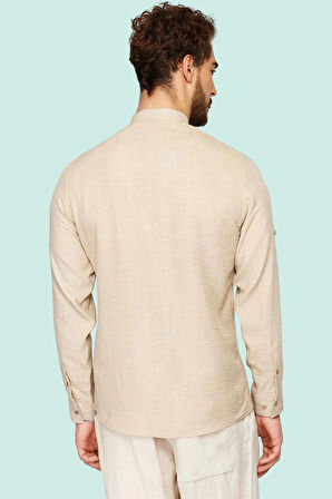 Erkek Slim Fit Hakim Yaka Keten Görünümlü Gömlek Basic Siluet Günlük Kullanım Modern Tasarım