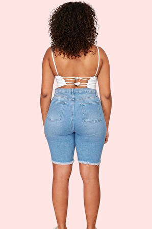 Kadın Skinny Denim Şort Yüksek Bel Düz Desenli Rahat Günlük Kombin Yaz Aylarının Vazgeçilmezi