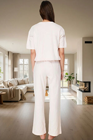 Kadın Pudra Fil Baskılı Pamuklu Regular Pijama Takımı Özenle Seçilmiş Dayanıklı Malzeme Rahat Kullanım