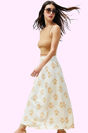 Kadın Çiçek Desenli A Line Midi Etek Keten Karışımlı Rahat Günlük Yaz Stilin Buluştuğu Yer