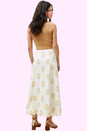 Kadın Çiçek Desenli A Line Midi Etek Keten Karışımlı Rahat Günlük Yaz Stilin Buluştuğu Yer