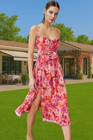 A Kesim Çiçekli Şifon Abiye Elbise Balo Ve Mezuniyet İçin Profesyonel Görünüm Mükemmel Uyum