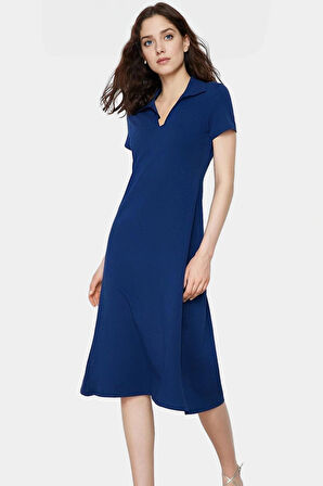 Kadın Polo Yaka Örme Midi Elbise Pamuklu Rahat Günlük Seçkin Malzeme Kullanım