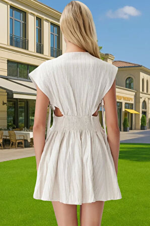 Yazlık Keten Karışımlı Mini Elbise V Yaka Dokuma Plaj Elbisesi Profesyonel Görünüm Dayanıklı Malzeme