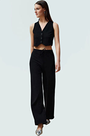 Kadın Örme Yelek Pantolon Takım Fitted Kalıp Geniş Paça İş Ve Günlük Profesyonel Görünüm