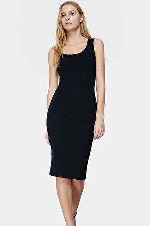 Midi Kalem Elbise Esnek Örme Havuz Yaka Yazlık Rahat Seçkin Malzeme Uzun Ömürlü