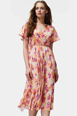 Çiçekli Desenli Midi Boy Piliseli Elbise 95% Polyester Rahat Günlük Stil Yüksek Kalite