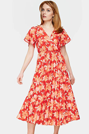 Çiçekli Desenli Midi Boy Piliseli Elbise 95% Polyester Rahat Günlük Stil Yüksek Kalite