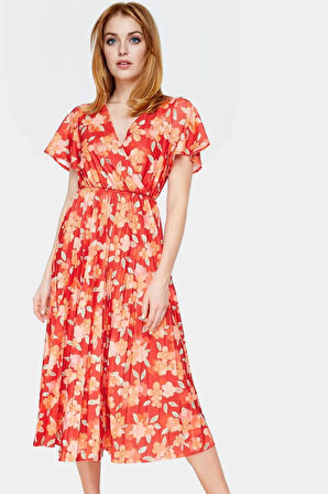 Çiçekli Desenli Midi Boy Piliseli Elbise 95% Polyester Rahat Günlük Stil Yüksek Kalite