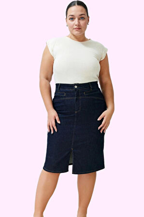 Kadın Kalem Denim Midi Etek Yüksek Bel Cepsiz Kemersiz Günlük Şık Yaz Aylarının Vazgeçilmezi