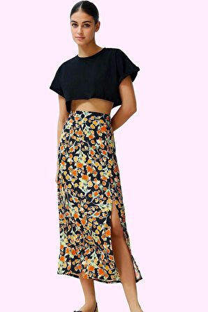 Kadın Midi Boy Çok Çiçek Desenli A line Etek Viskoz Yazlık Günlük Yaz Aylarının Vazgeçilmezi