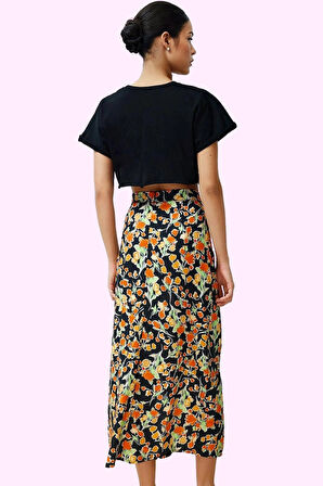 Kadın Midi Boy Çok Çiçek Desenli A line Etek Viskoz Yazlık Günlük Yaz Aylarının Vazgeçilmezi