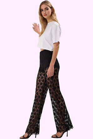 Kadın Dantel Flare Pantolon Yüksek Bel Çiçekli Desen Uzun Boy Şık Gece Yaz Aylarının Vazgeçilmezi