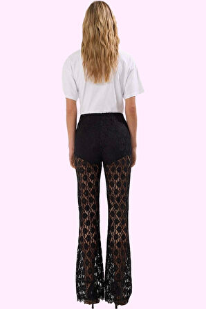 Kadın Dantel Flare Pantolon Yüksek Bel Çiçekli Desen Uzun Boy Şık Gece Yaz Aylarının Vazgeçilmezi