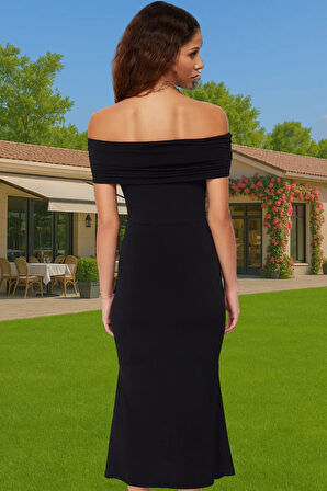 Şık Kadın Örme Midi Elbise Kemersiz Carmen Yaka Yazlık Gece Elbisesi Konforlu Kesim Özenle Seçilmiş