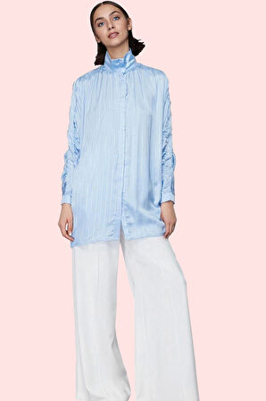 Kadın Büzgülü Kol Detaylı Çizgili Gömlek Rahat Kesim Günlük Kullanım Yaz Aylarının Vazgeçilmezi