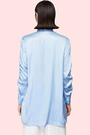 Kadın Büzgülü Kol Detaylı Çizgili Gömlek Rahat Kesim Günlük Kullanım Yaz Aylarının Vazgeçilmezi