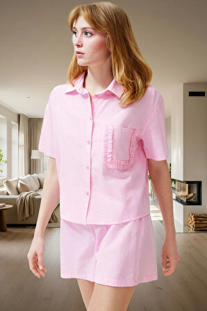 Kadın Pamuklu Fırfırlı Detaylı Pijama Takımı Rahat Yazlık Ev Giyim Seti Günlük Kullanım İçin