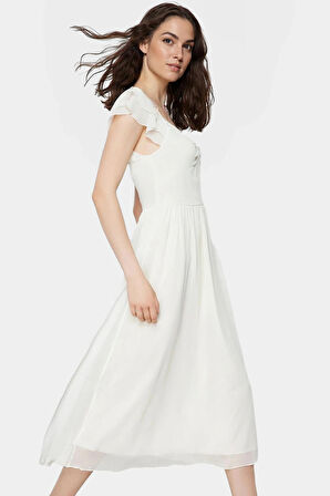 Yazlık Şifon Midi Elbise Büzgülü Kollu Skater Kalıp Astarlı Modern Stil Rahat Ve Şık