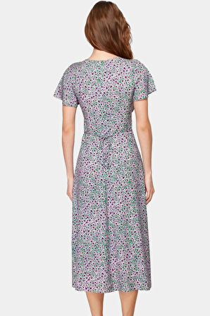 Yazlık Çiçek Desenli A Kesim Midi Elbise V Yaka Viskoz Kumaş Rahat Günlük Mükemmel Uyum Şık Görünüm