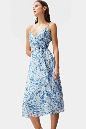 Şifon Astarlı Midi Elbise V Yaka A line Desenli Yazlık Özel Tasarım Trend Şık Görünüm