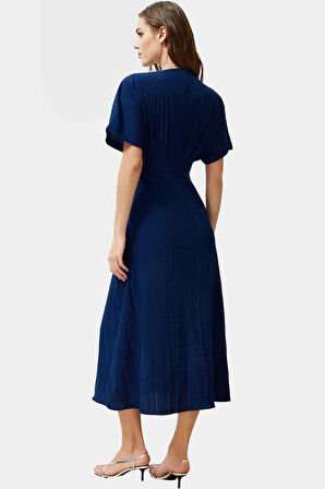 Maxi A line V Yaka Kısa Kollu Dokuma Elbise Rahat Günlük Yaz Yüksek Kalite Trend Tasarım