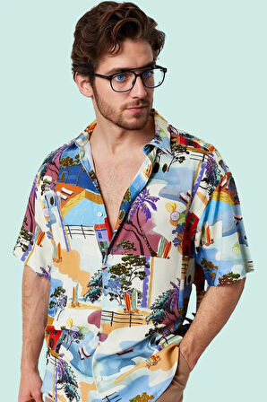 Erkek Çok Baskılı Salaş Gömlek Viskoz Yaz Aylarının Vazgeçilmezi Günlük Kullanım Hafta Sonu