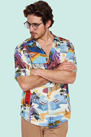 Erkek Çok Baskılı Salaş Gömlek Viskoz Yaz Aylarının Vazgeçilmezi Günlük Kullanım Hafta Sonu