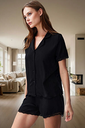Kadın Dantelli Viskon Pijama Takımı Şortlu Rahat Yazlık Kaliteli İşçilik Modern Stil Konforlu Kesim